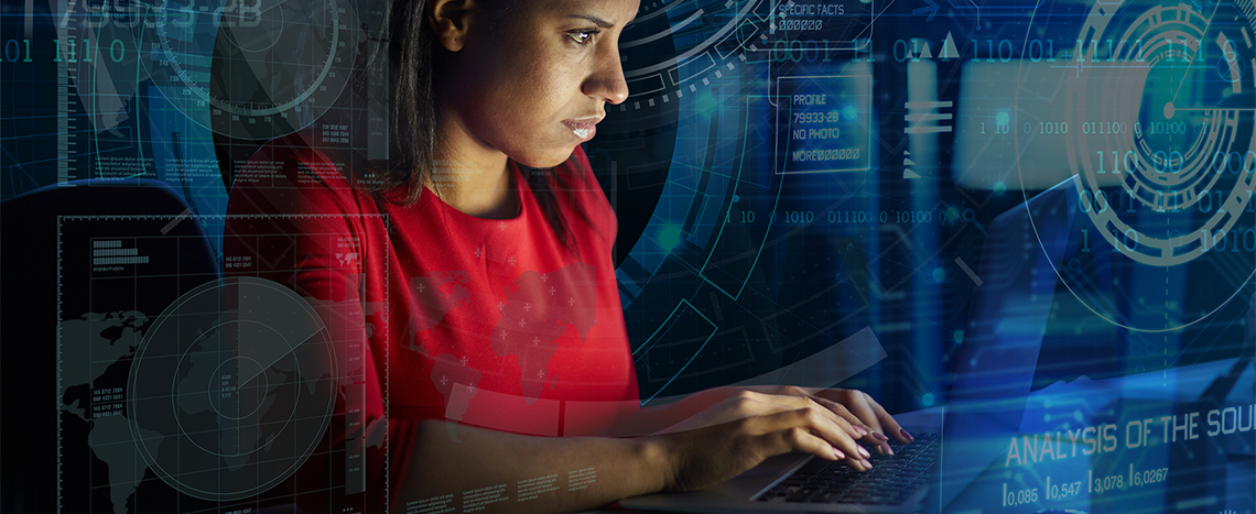 A female warfighter in a composition of digital symbols checks for cyber attacks.