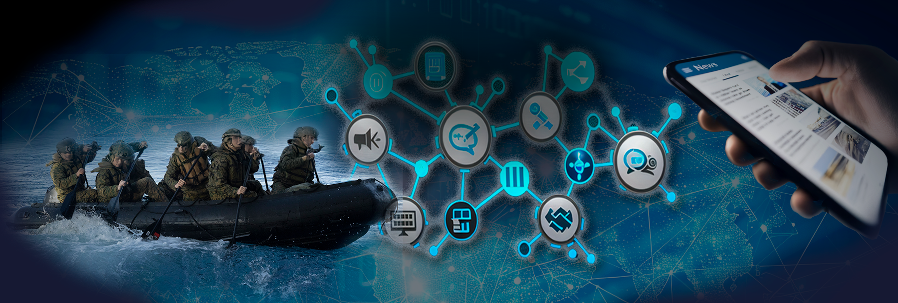 Warfighters in battle, various communication methods highlighted, user stays informed with mobile news updates on cellphone