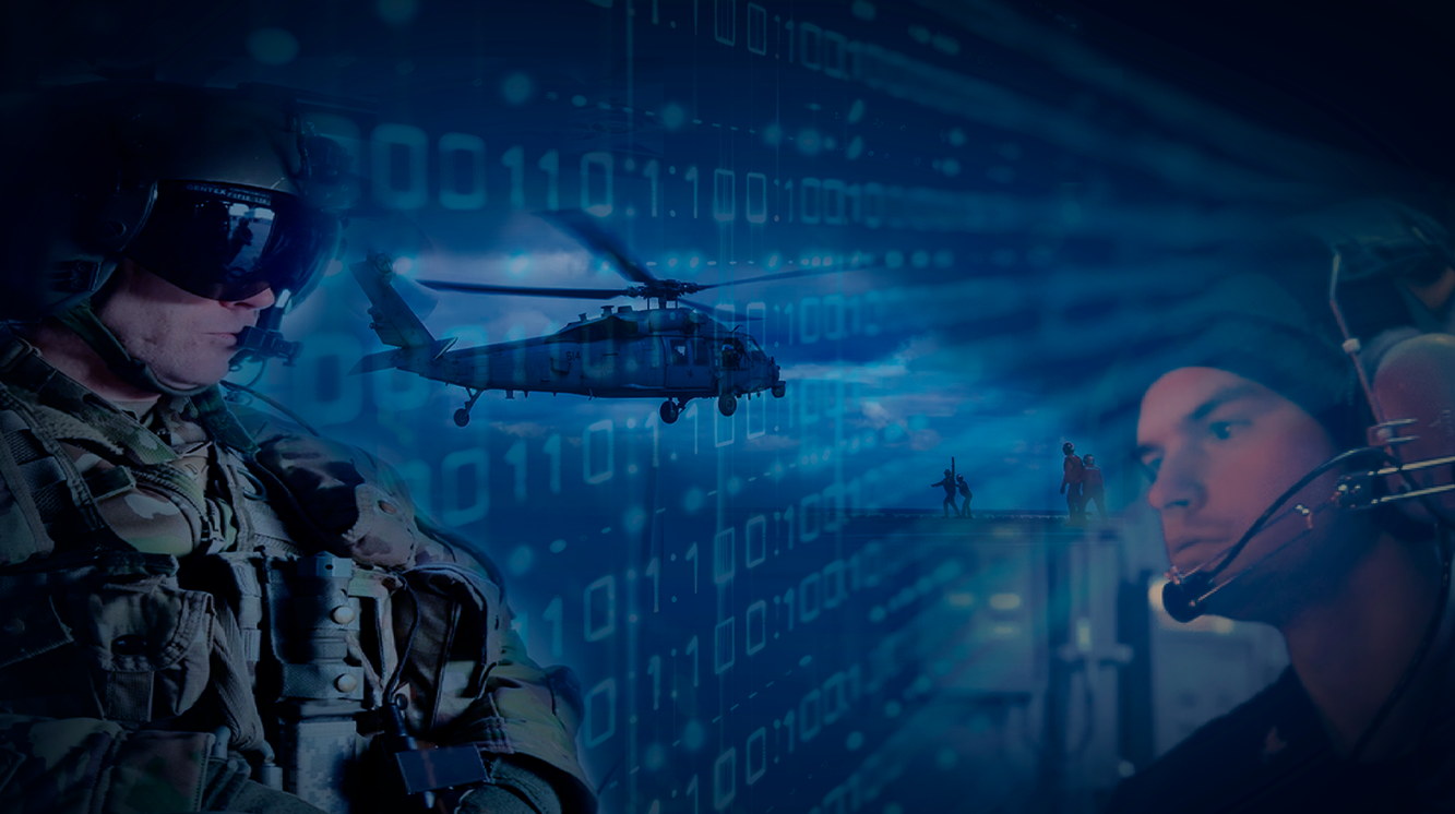 Pilots on right and left actively engaged, helecopter landing center, binary numbers in background