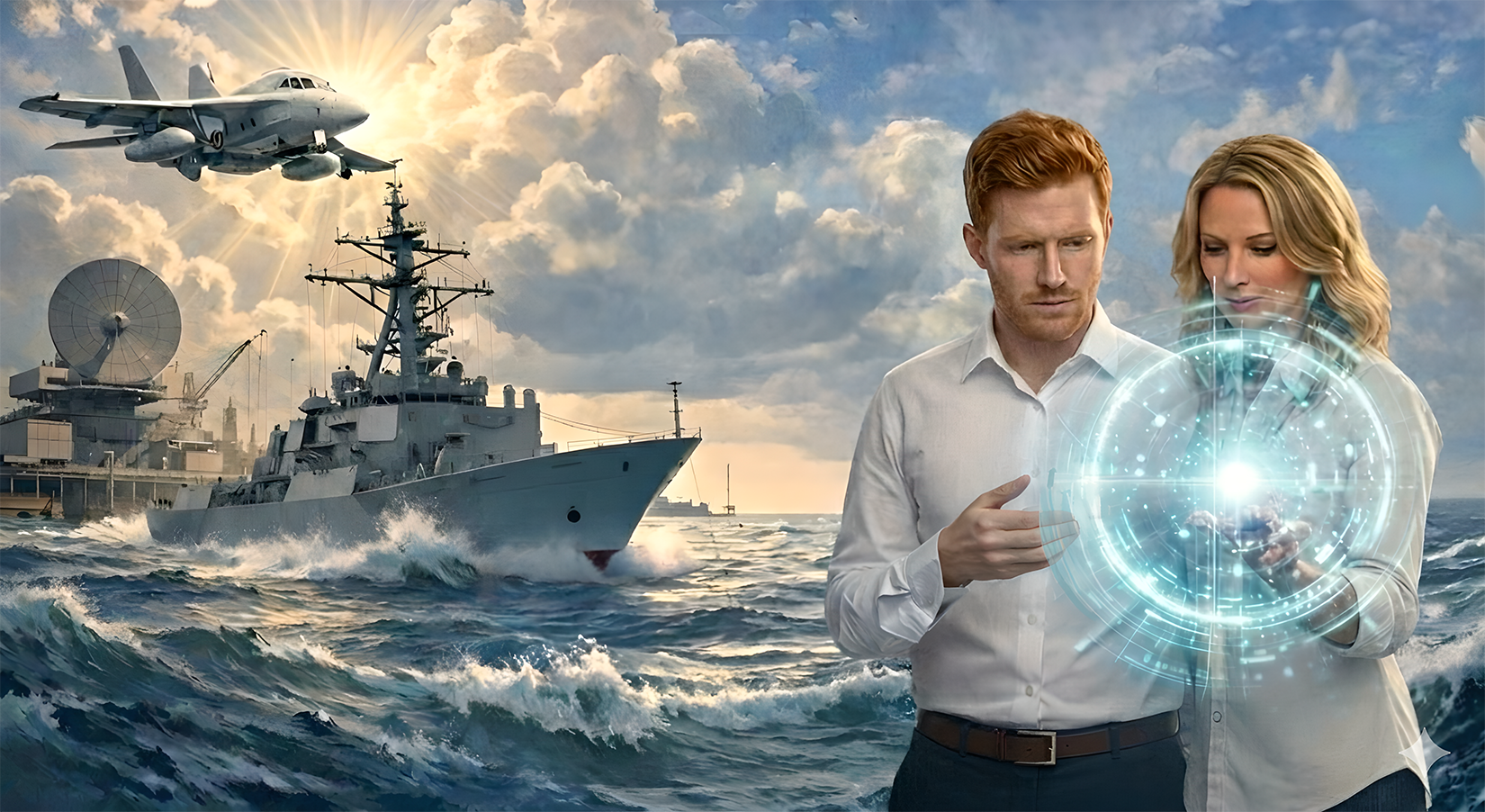 Destroyer in choppy seas beneath sunlit clouds and Growler jet; two professionals examine glowing holographic big sphere