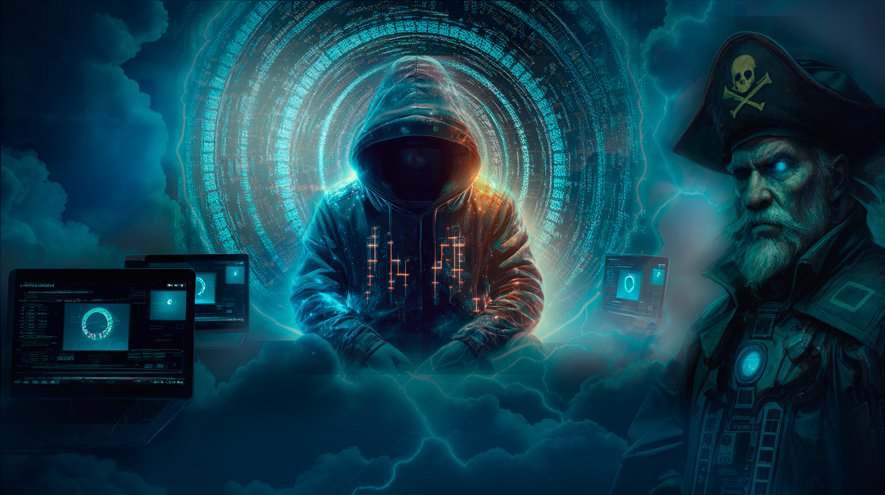 Hooded hacker in dark hoodie featured with glowing circuits, screens, and code, surrounded by electric storm, looming pirate ghost