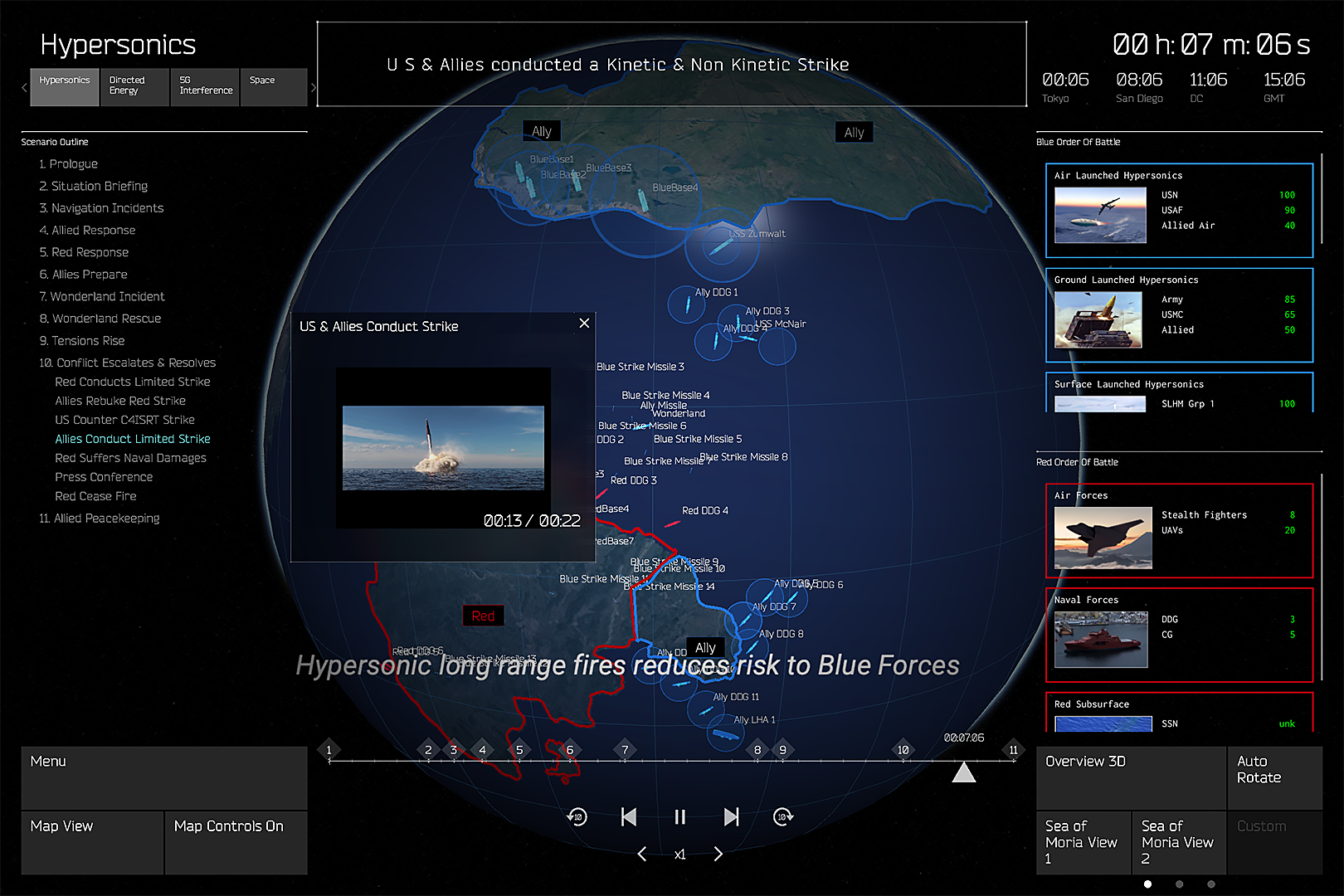A strike missile, DDG, and stealth fighter blend over a digital locator map