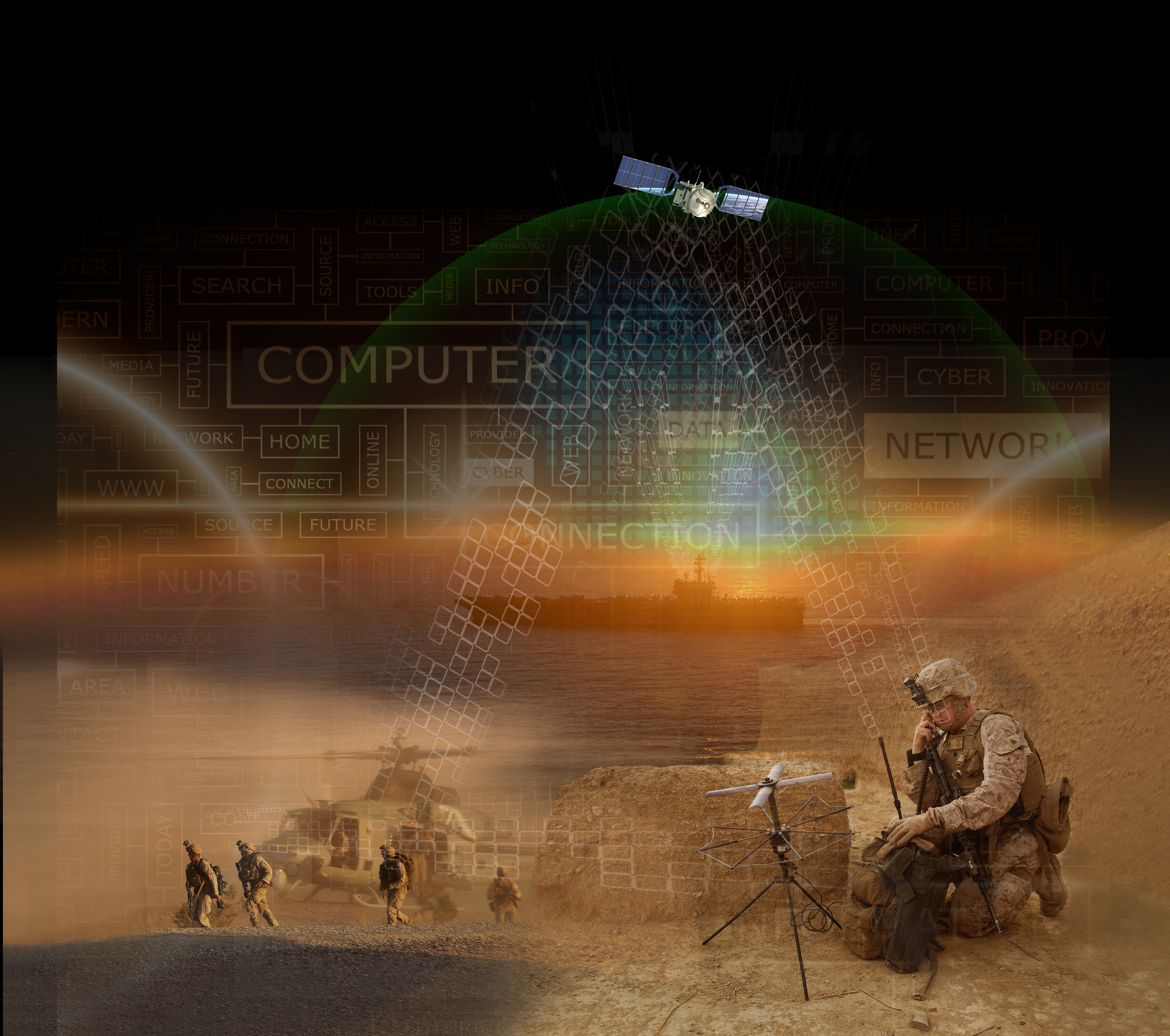An aircraft carrier with a montage of computer keyboards and a solution tree combined