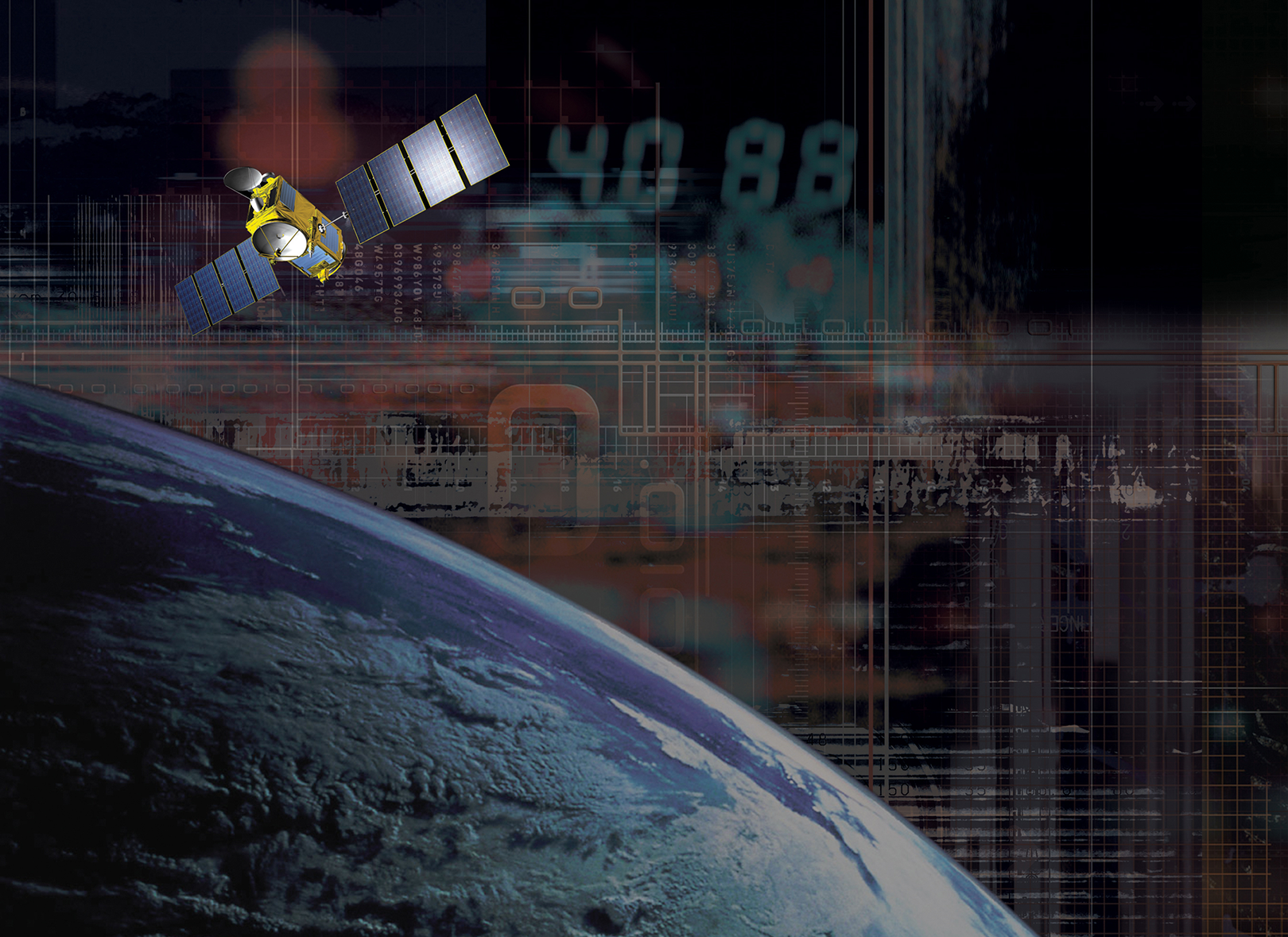 The earth's space horizon with an orange digital array