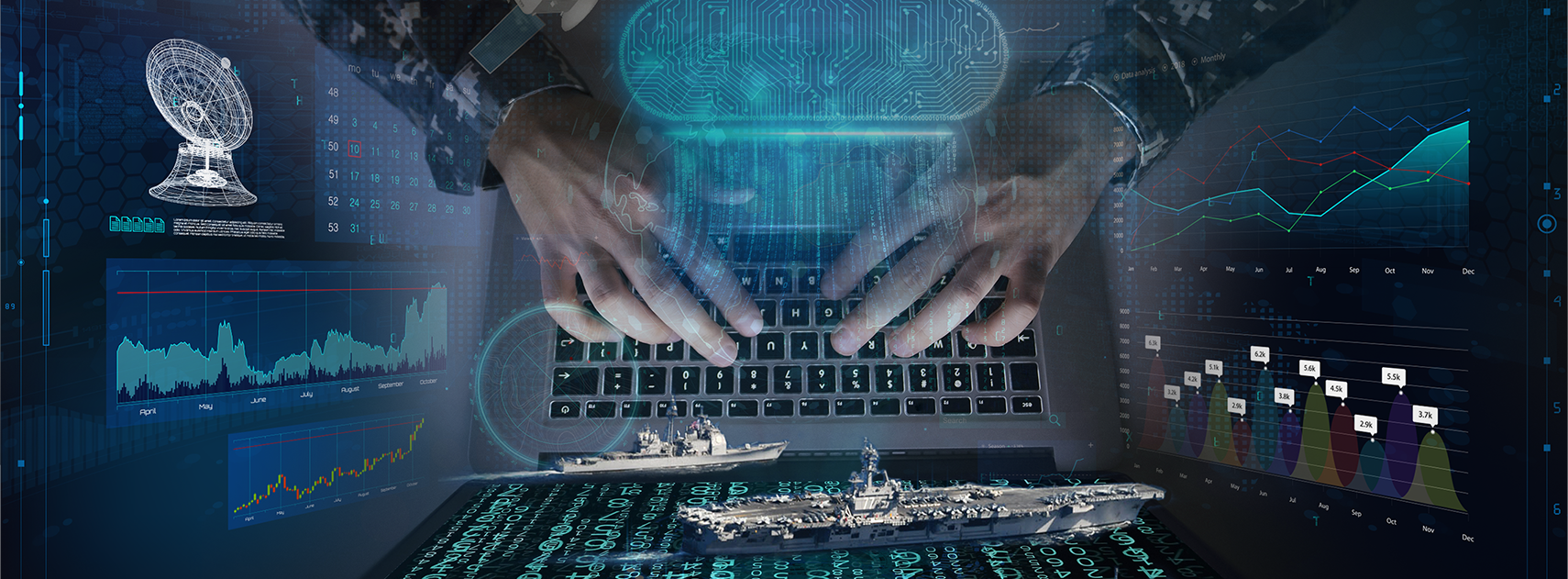 A warfighter's hands are typing on a keyboard. Between the hands is an image of a cloud. Warships nested above binary numbers are below the keyboard. On both sides are various charts and a satellite is on the left.