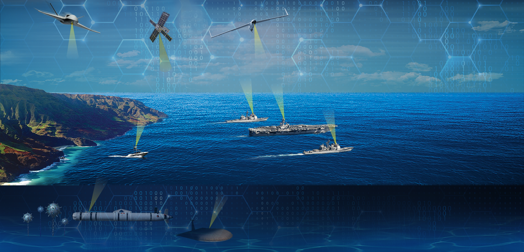 A network of ships, drones, submarines and underwater devices communicating. The communication rays are shown.