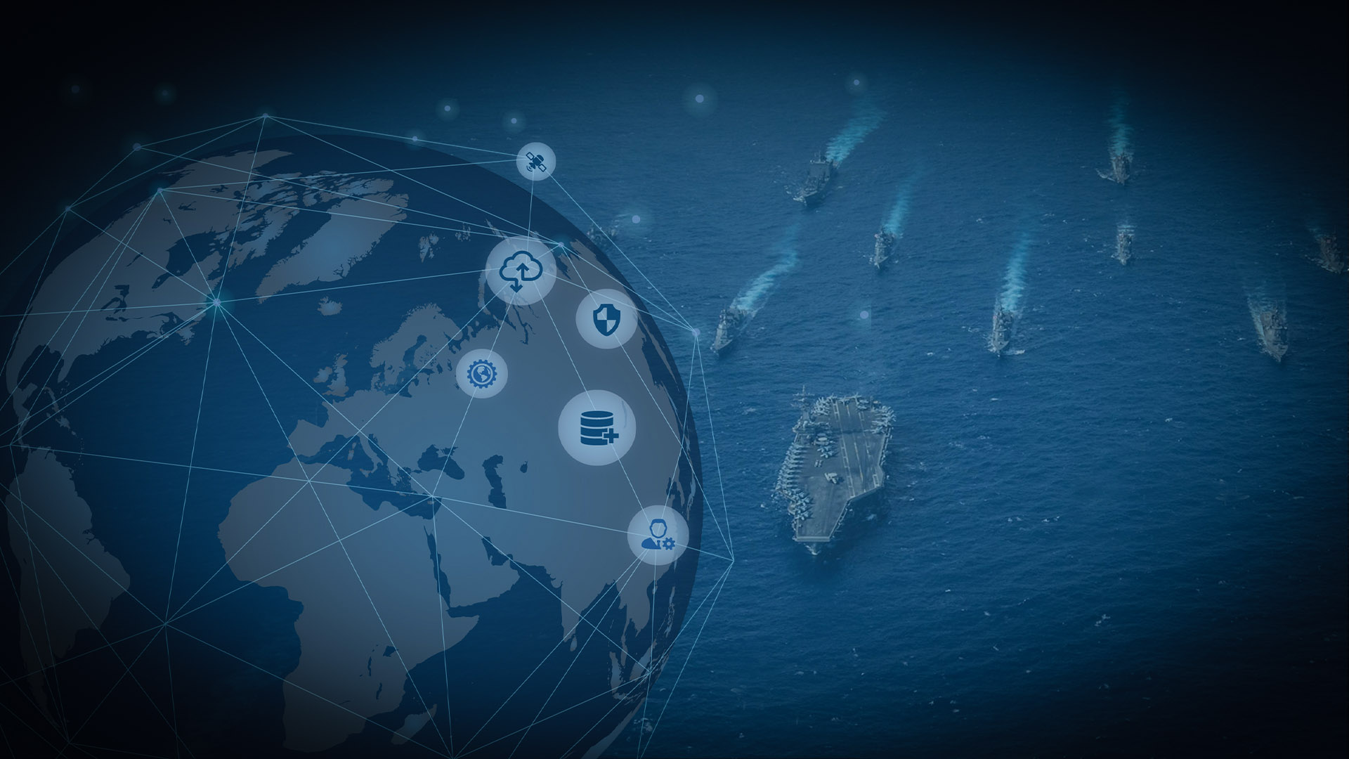 A navy fleet is networked to a circular array of icons depicting security, storage and cloud connectivity