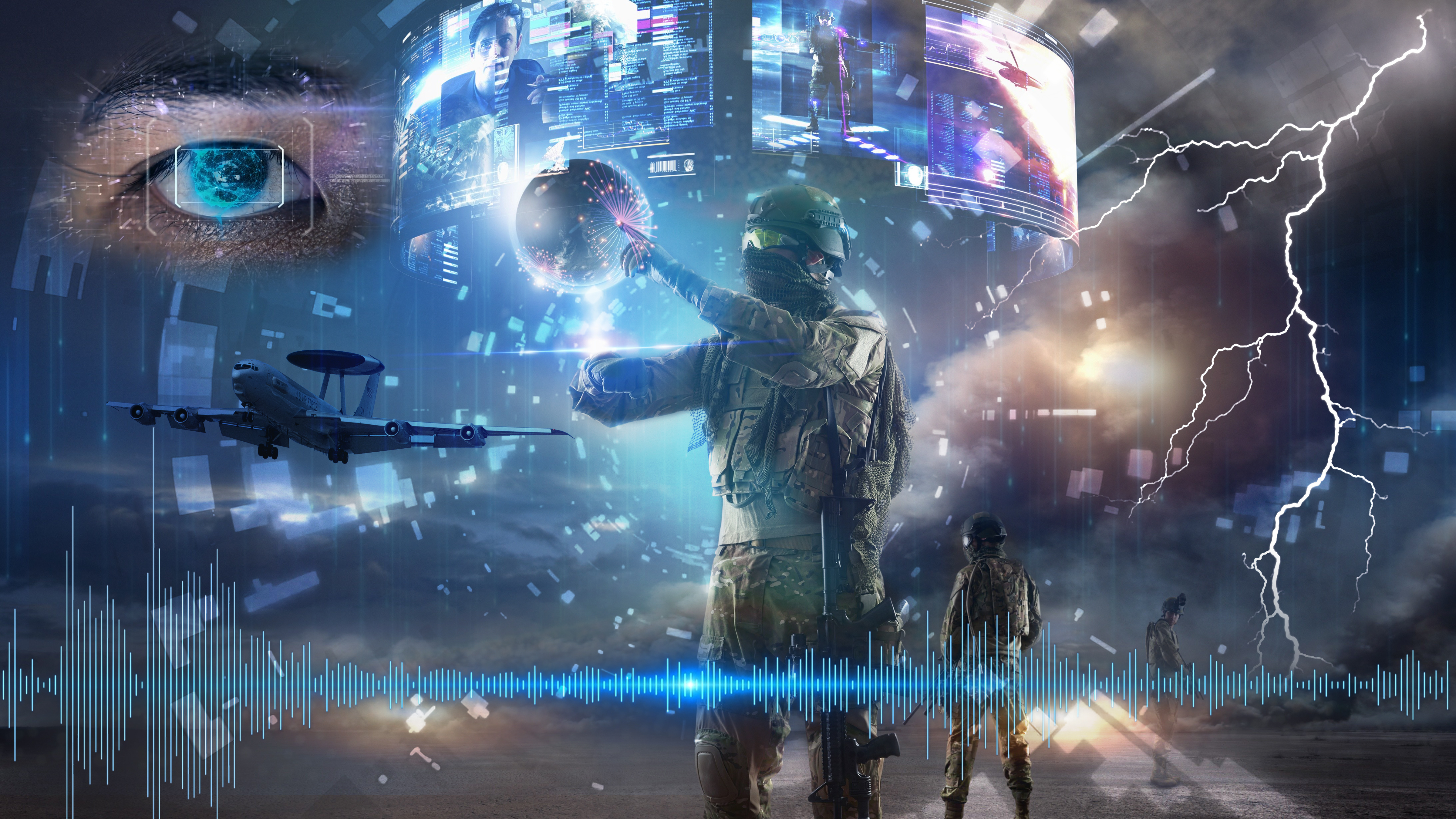 Warfighters engage the enemy, lighting and a sound wave are shown