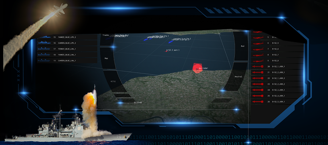 A strike missile DDG, and stealth fighter are blended over a digital locator map
