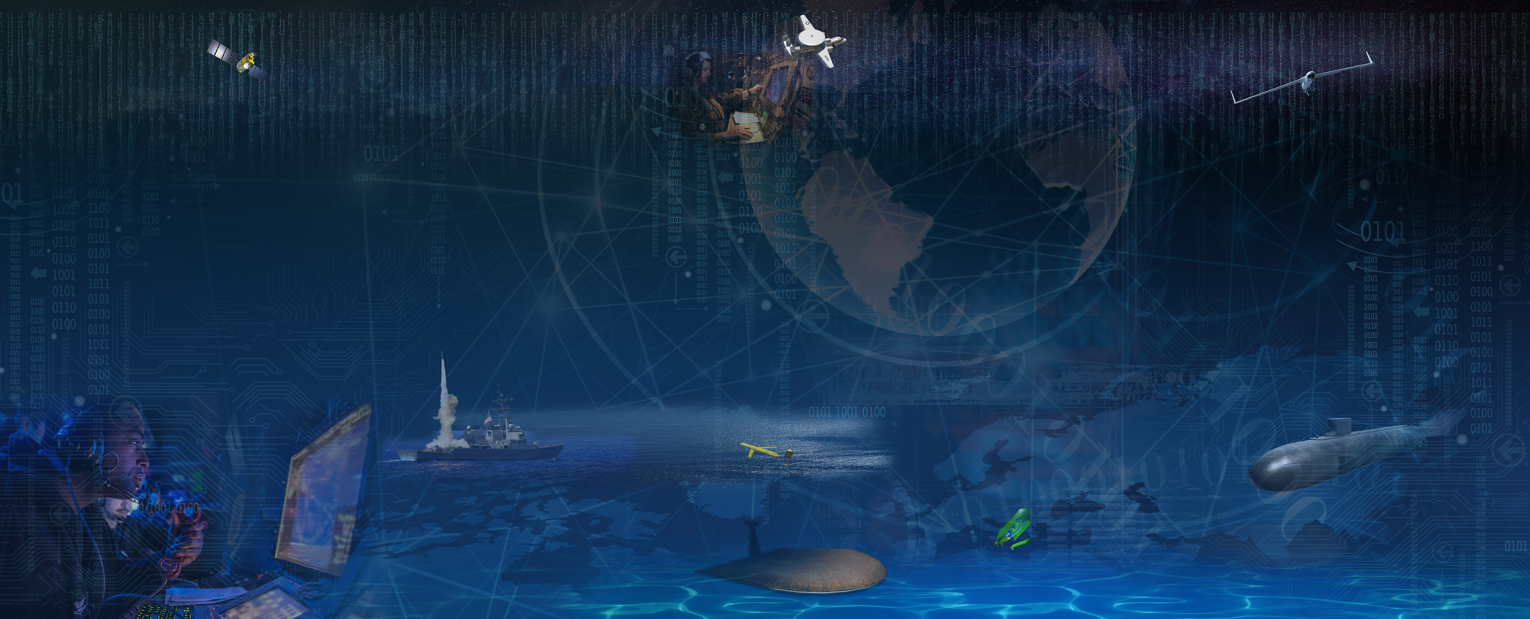 A warfighter watching a computer screen networks with a launching missile, drones and submarine