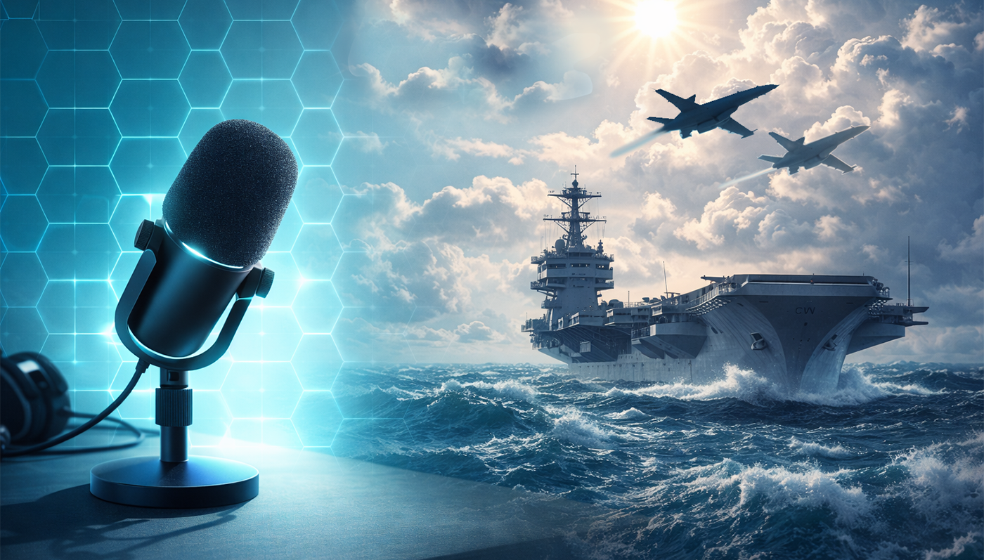 Podcast microphone with hex grid overlay, aircraft carrier at sea and two jets beneath bright clouds