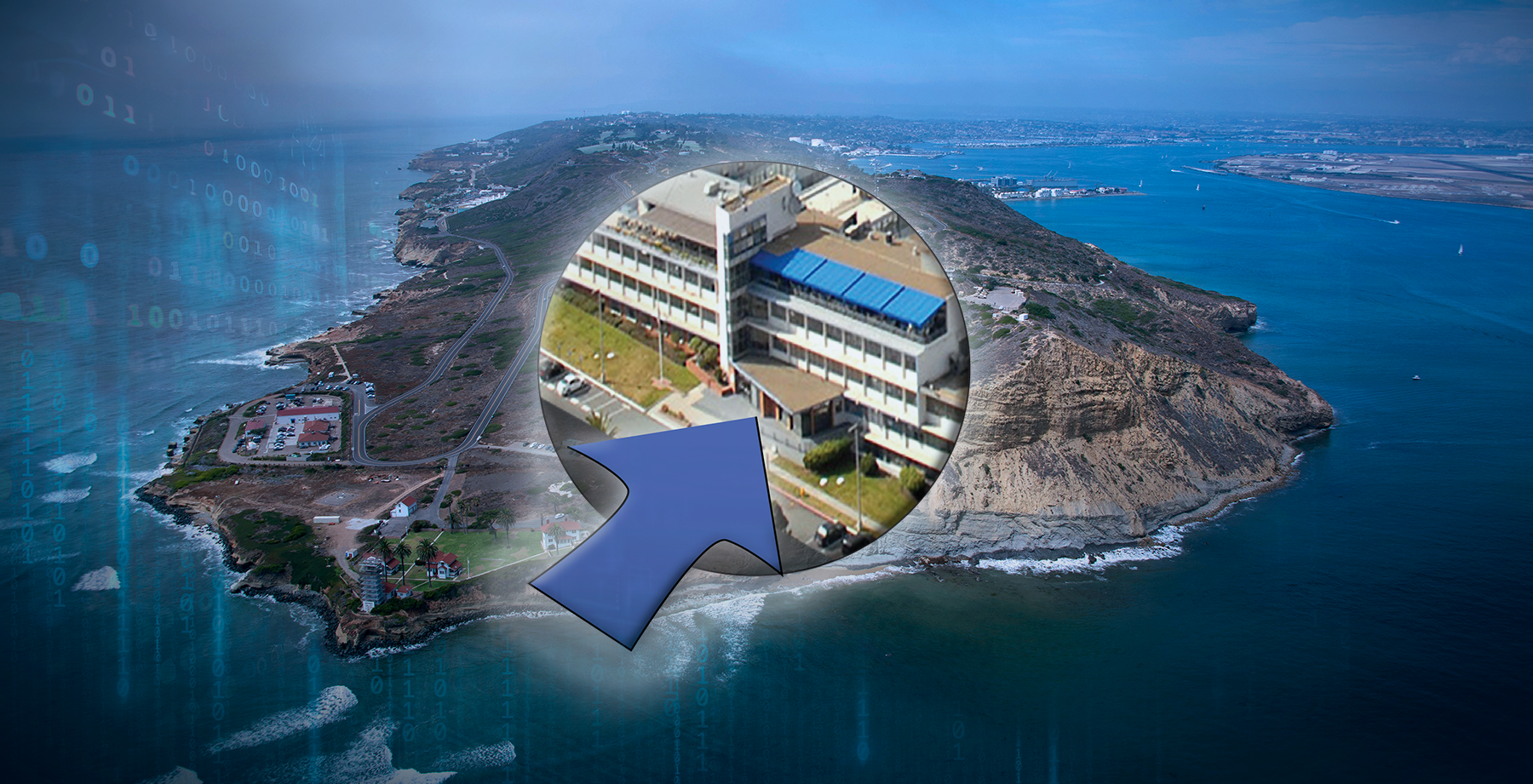 A map of Point Loma, in front a locator showing the onboarding entry at building A-33