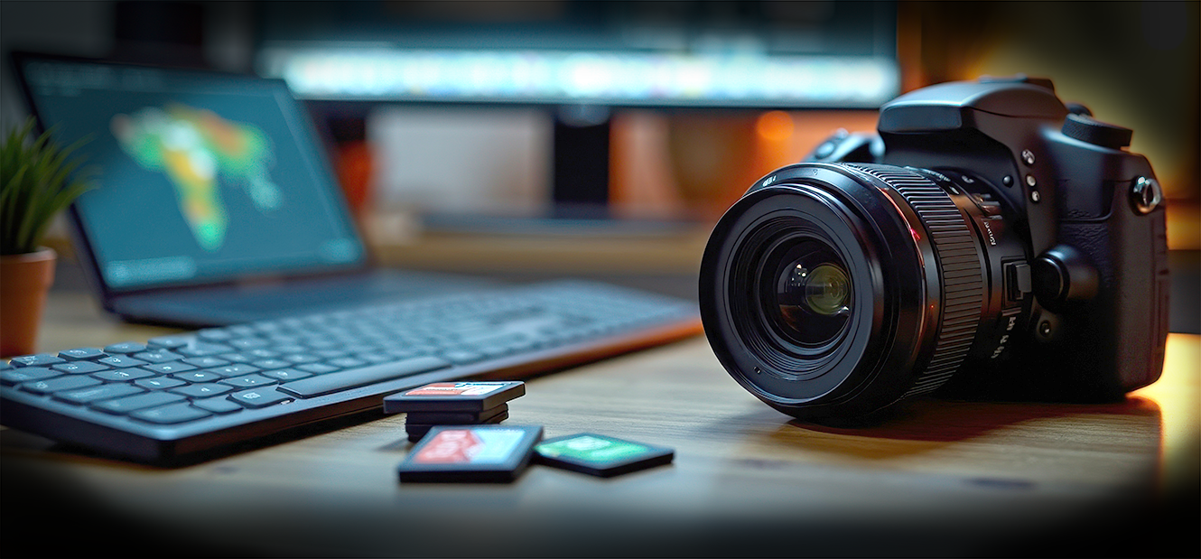 NIWC Pacific photography team workspace with Macintosh computer, camera, and professional editing software