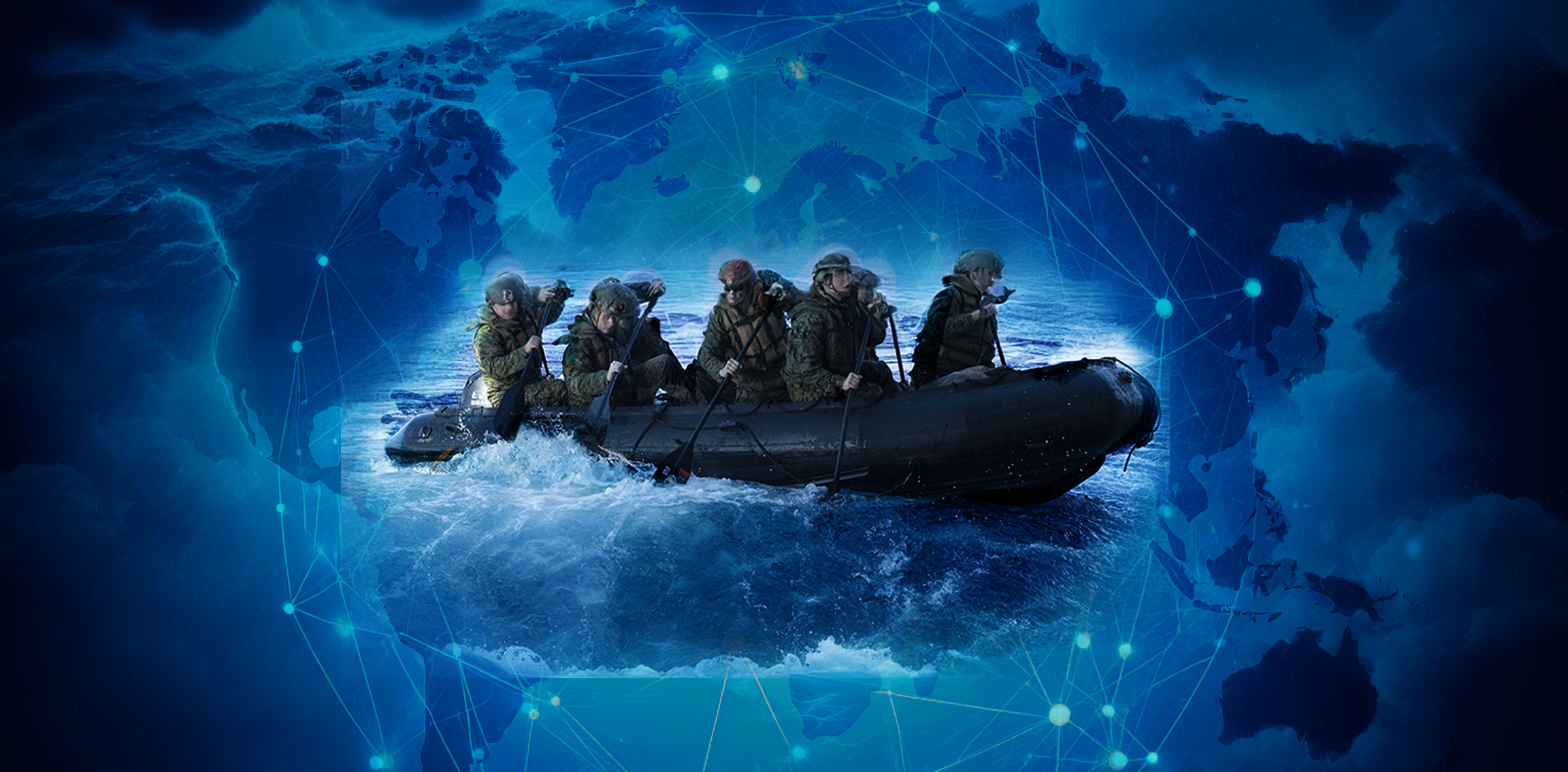 Warfighters in battle on raft. Networked map, global storm. NIWC Pacific news for engaged warfighters.