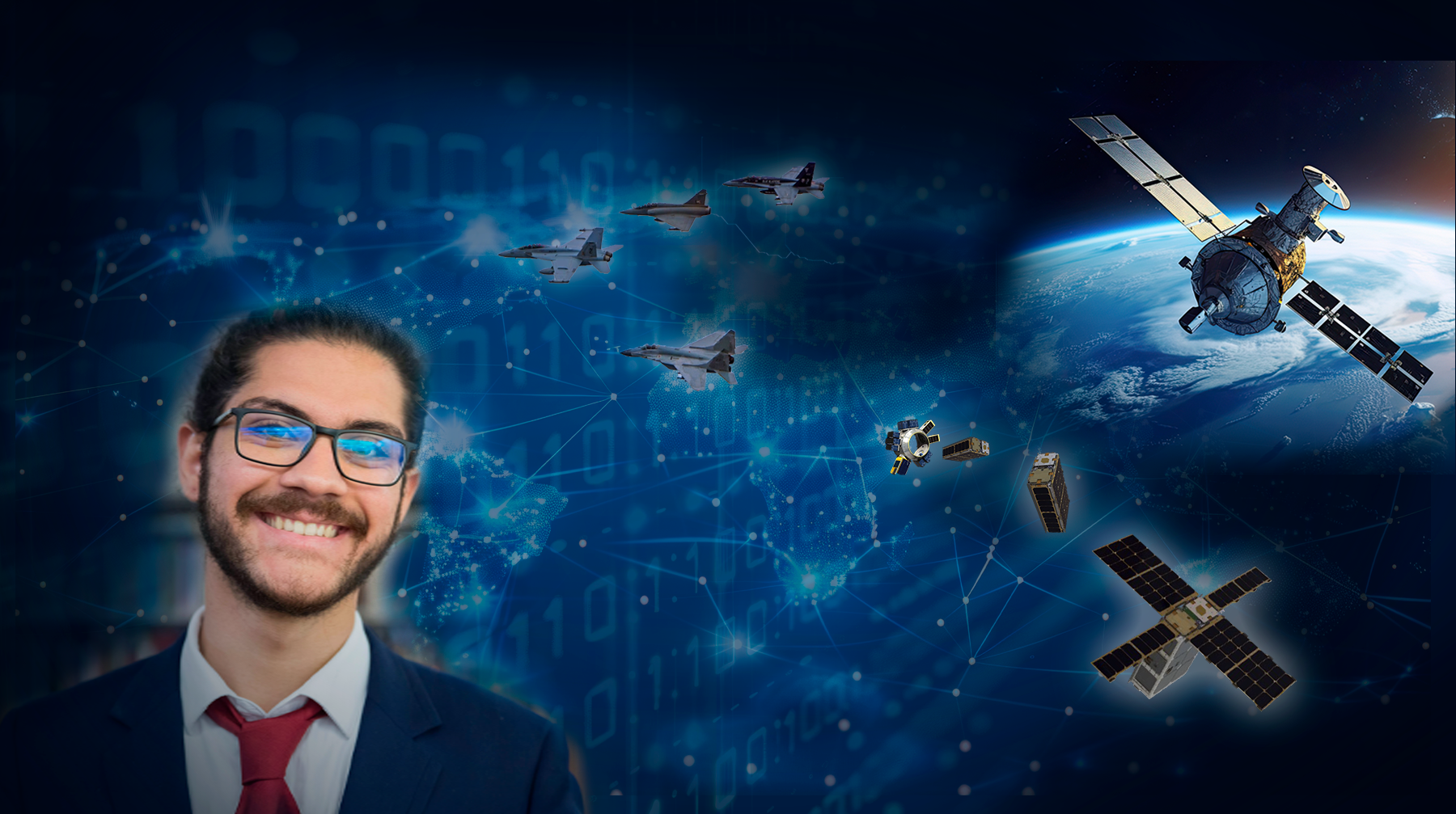 A man in a business suite, jets in center and satelites on right. A connection grid is shown in backgound