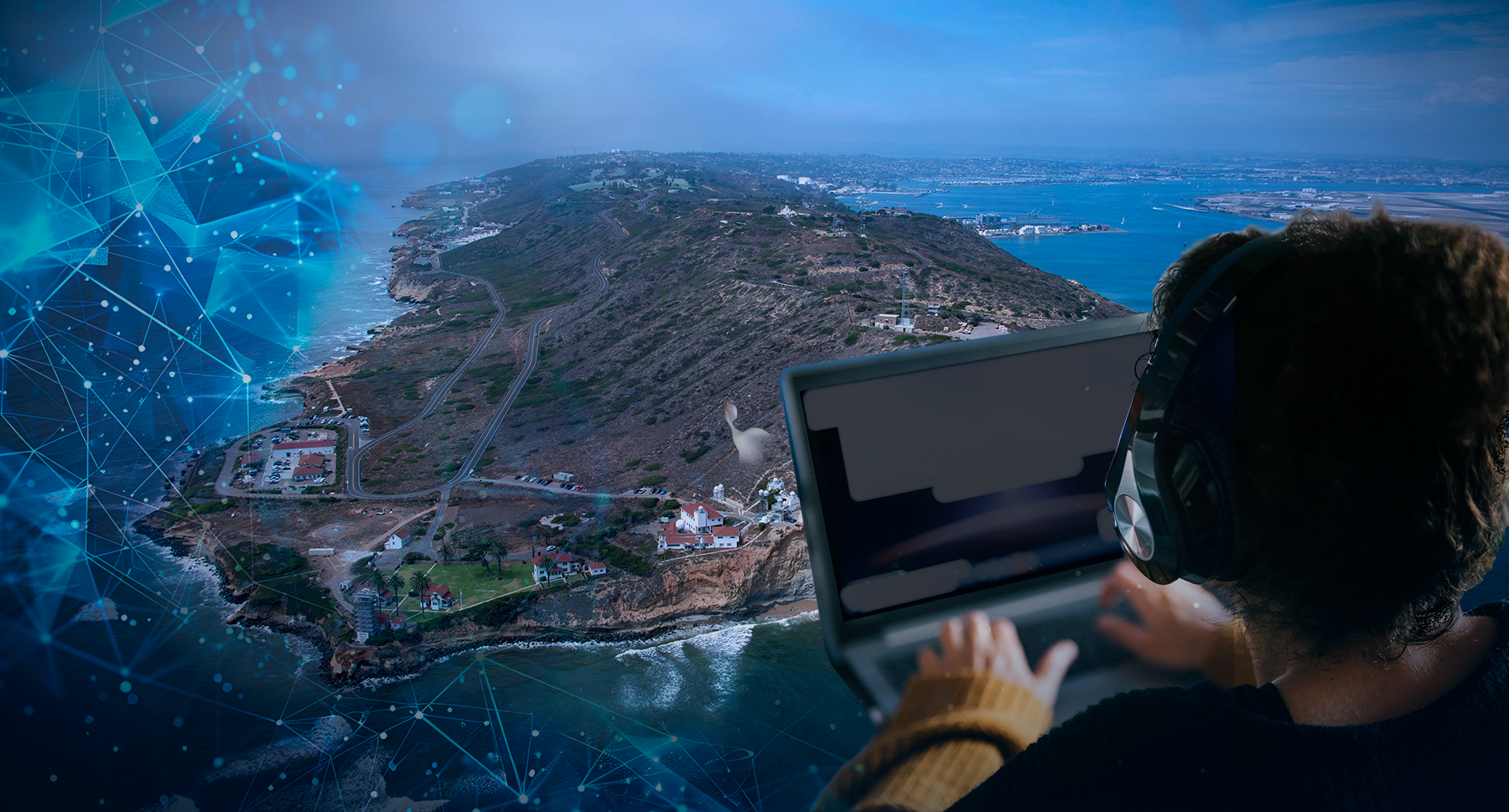 Digital grid at left, Point Loma center, right: computer user completing trainings