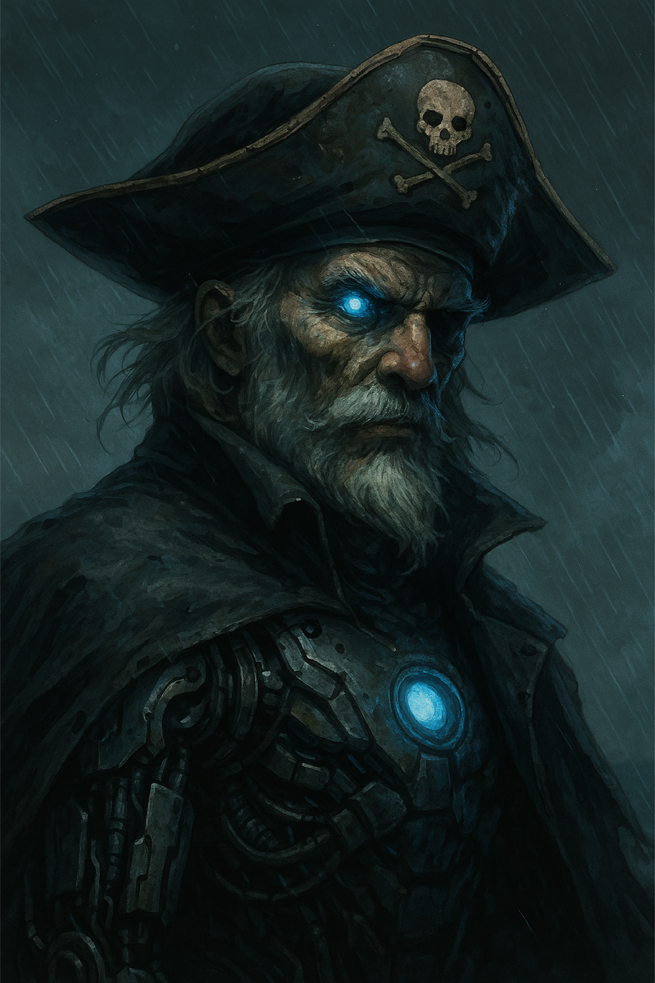 Old Pirate with glowing blue eyes, white beard, tricorn hat w/ skull, cyborg chest, mechanical arm. Cyber security focused.