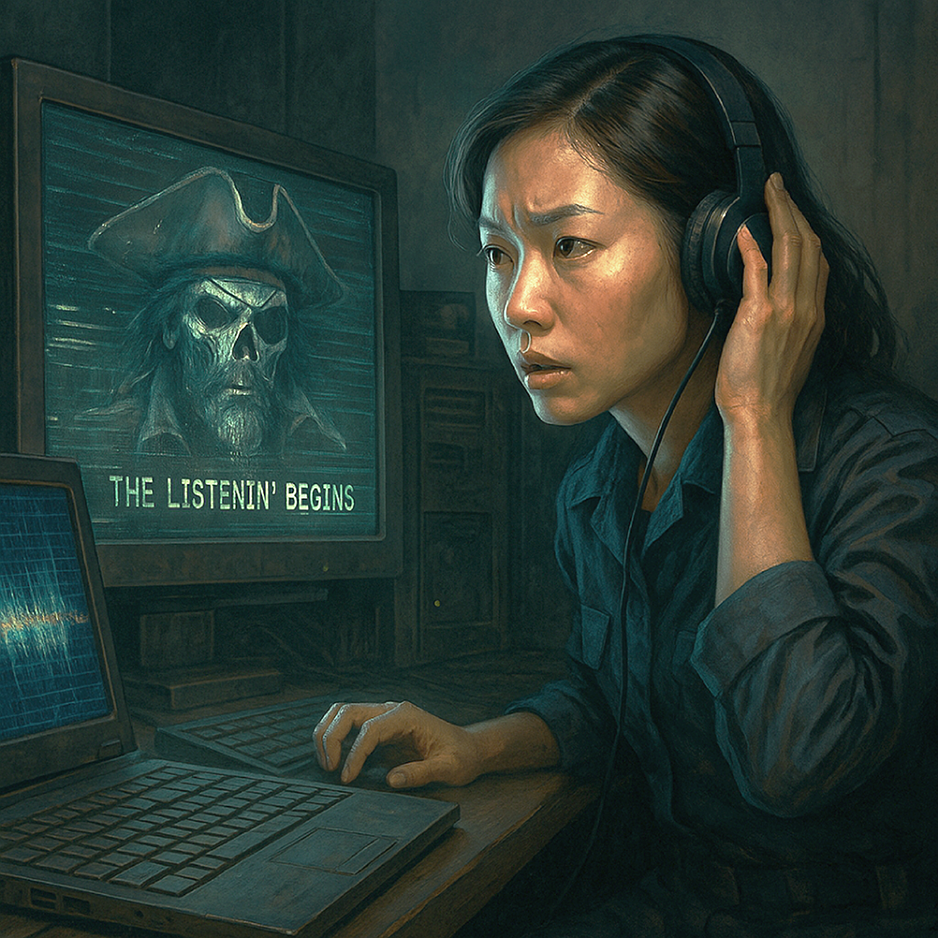 Woman with headphones monitors audio on laptop. Main screen shows 'Ghost Cutter' pirate & 'THE LISTENIN' BEGINS'. Cyber security surveillance.