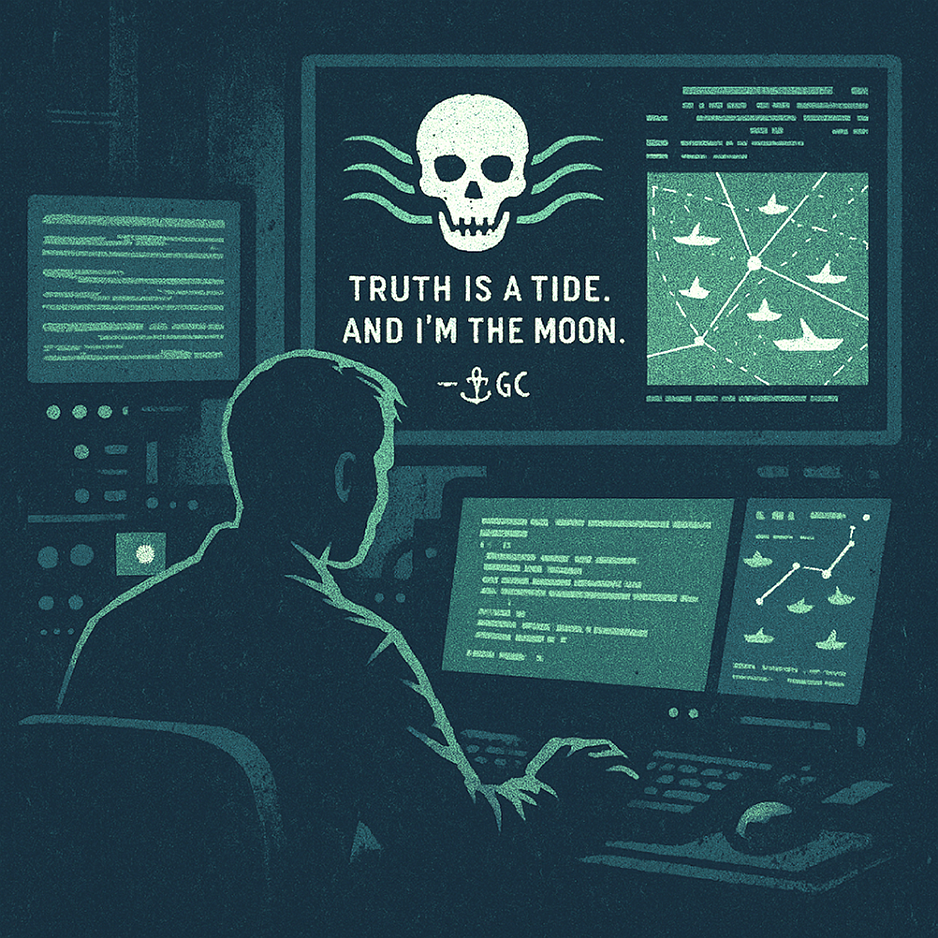 Operator in dark tech room. Main screen: skull, waves, 'TRUTH IS A TIDE. AND I'M THE MOON.' -GC. Radar & code displays.