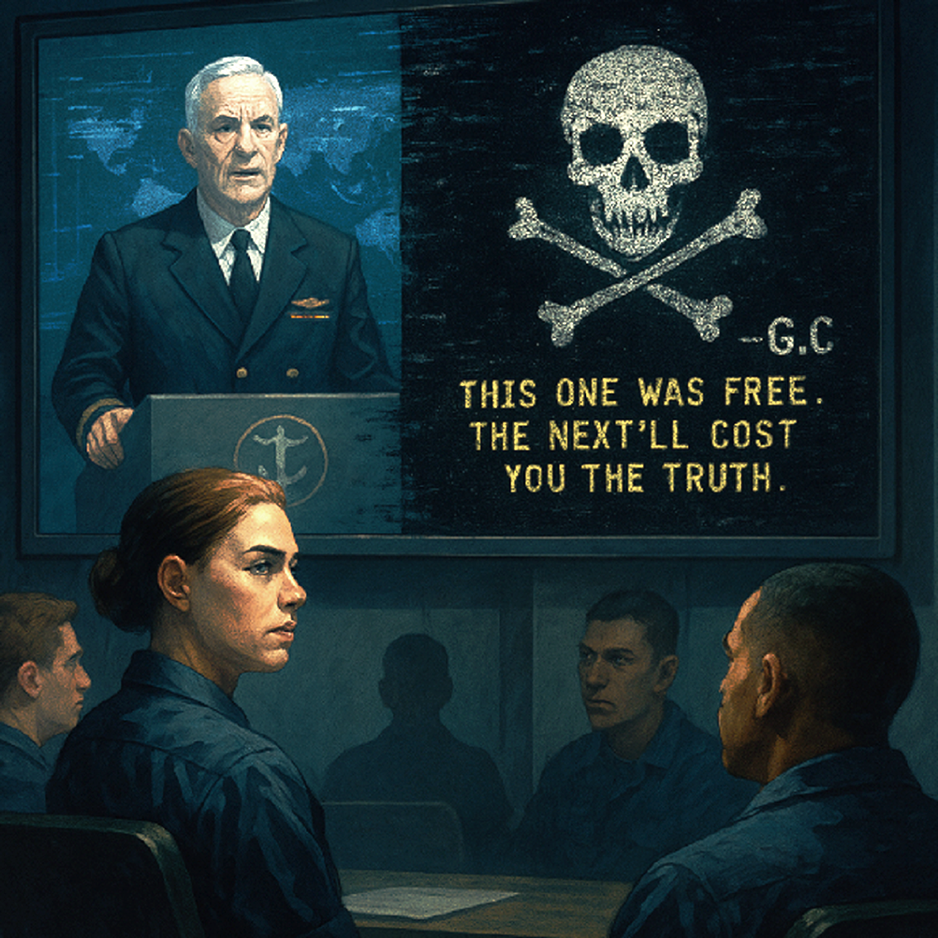 Warfighters watch screen: naval officer & skull/crossbones with 'NEXT'LL COST YOU THE TRUTH'. Cyber threat briefing.