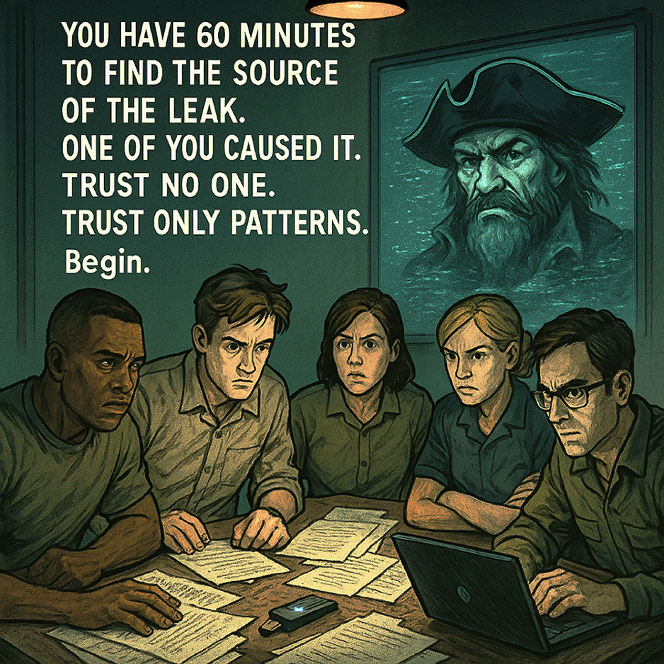Tense crisis meeting: 5 warfighters at a table with papers. 'Countdown: 60 mins to find leak, trust no one.' Ghost Cutter watches.
