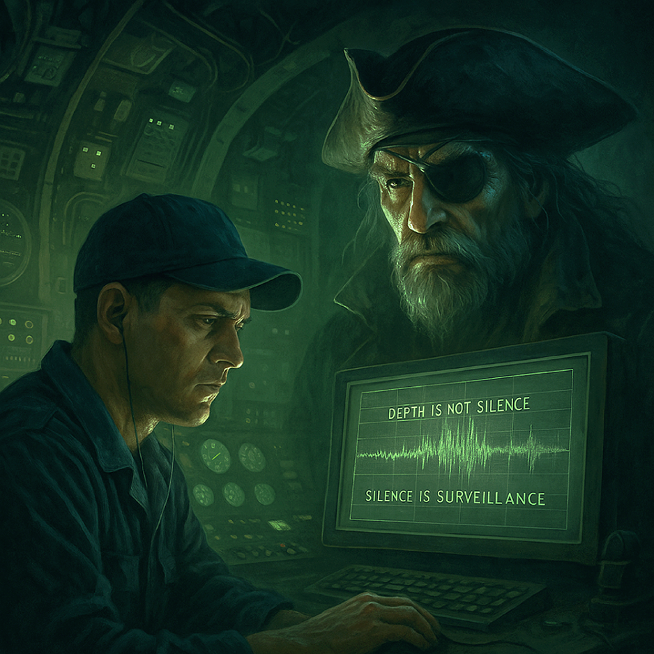 Warfighter with headphones monitors screen showing 'SILENCE IS SURVEILLANCE'; spectral pirate 'Ghost Cutter' looms. Dark tech room.