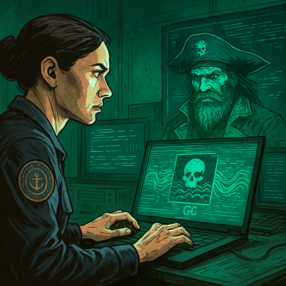 Woman warfighter types on glowing laptop with skull/GC. Ominous 'Ghost Cutter' pirate watches from large screen in dark, tech-filled room.