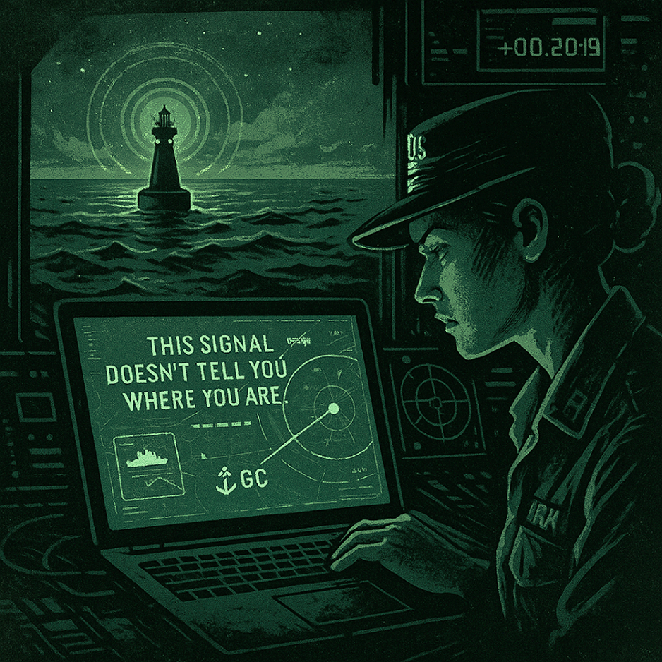 Female warfighter focuses on a laptop displaying 'THIS SIGNAL DOESN'T TELL YOU WHERE YOU ARE'. A radar, ship, anchor & 'GC' are shown. Outside, a lighthouse beams over turbulent seas.