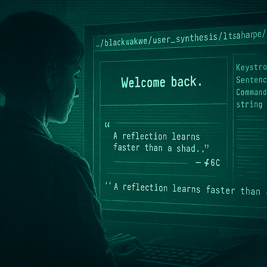 Warfighter views a green monitor displaying 'Welcome back.' and 'A reflection learns faster than a shad…,' signed fGC. Looming cyber threats.