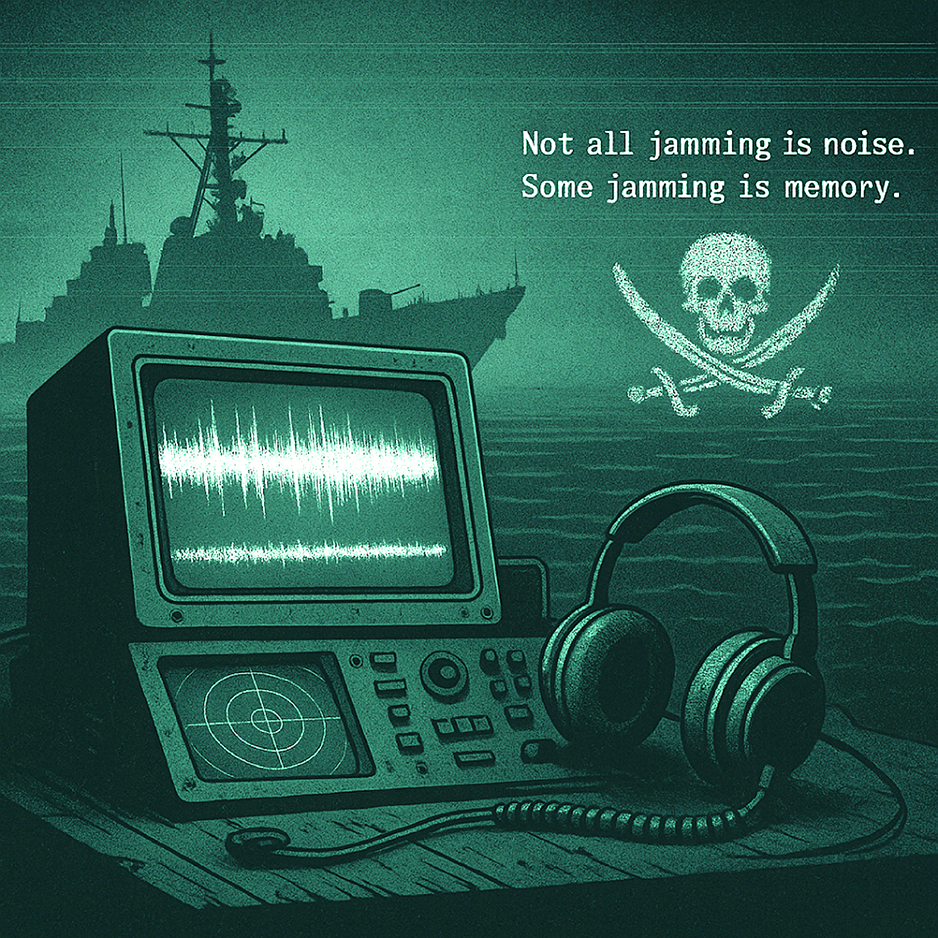 'Ghost Cutter' psychological warfare: old monitor (waveform, radar), headphones, warship, skull, 'Not all jamming is noise. Some jamming is memory.'