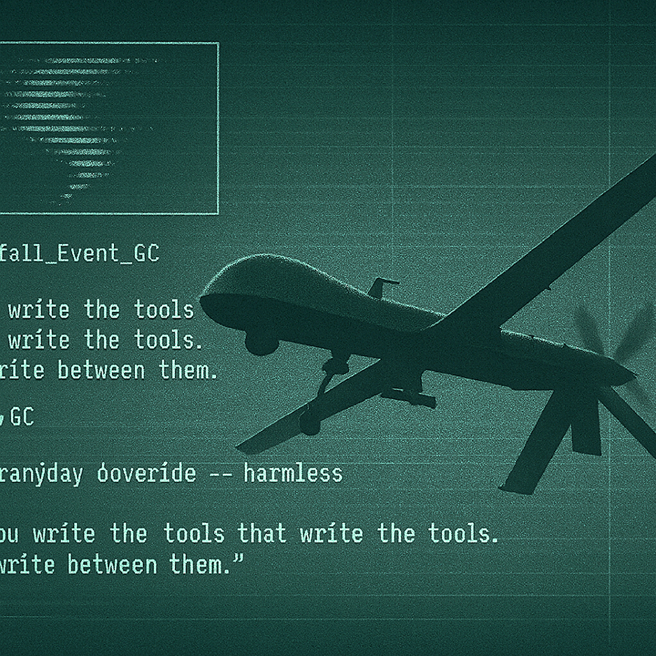 'Ghost Cutter' cyber warfare: green/black drone, glowing code, showing: 'write the tools that write the tools.' 'Harmless' override.