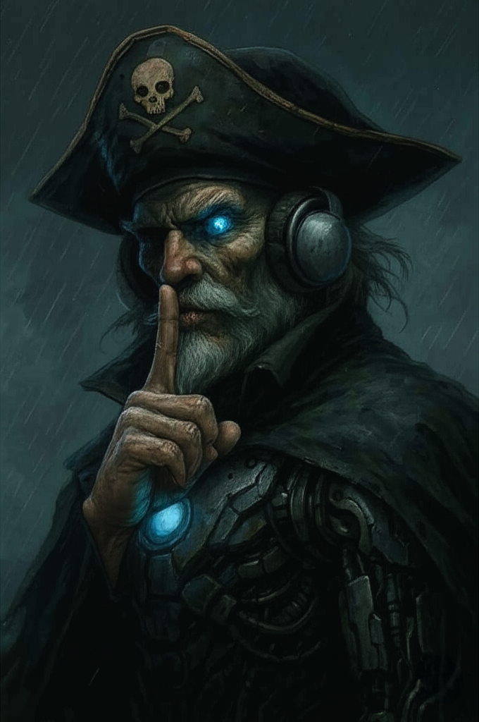 Old Pirate with glowing blue eyes, white beard, finger to lips w/ skull, cyborg chest, mechanical arm. Hackers creed.