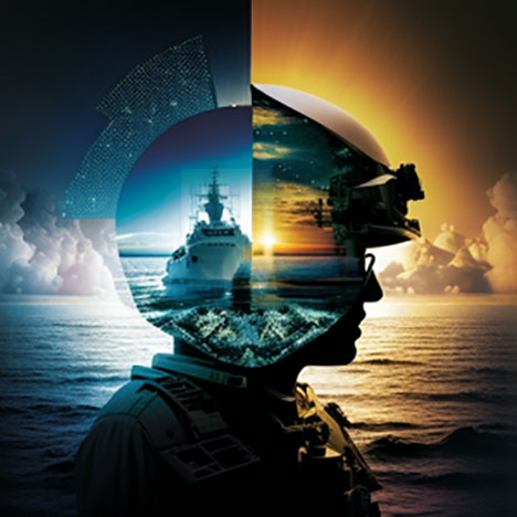 A vignette of a solder in a helmet, inside is an aircraft carrier and a sunset on the right